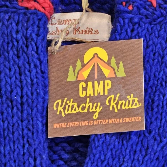 Camp Kitschy Knit Blue Chunky Wool Open Front Belt Starsky Cardigan Size 52 NWT